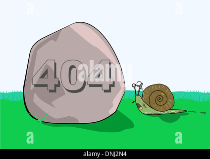 Illustrative representation of 404 error message on rock in front of a snail Stock Photo