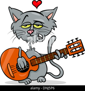 Valentines Day Cartoon Illustration of Funny Cat in Love Playing the Guitar and Singing Stock Photo