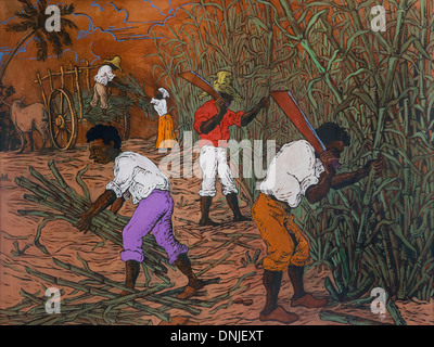 UNSIGNED CONTEMPORARY PAINTING SHOWING THE BLACK AFRICAN SLAVES CUTTING SUGAR CANE ON THE OLD PLANTATION IN LOS INGENIOS VALLEY, LISTED AS A WORLD HERITAGE SITE BY UNESCO, CUBA, THE CARIBBEAN Stock Photo