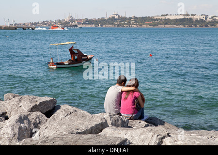 A couple enjoying the view from the Asia side of Istanbul, Turkey Stock Photo