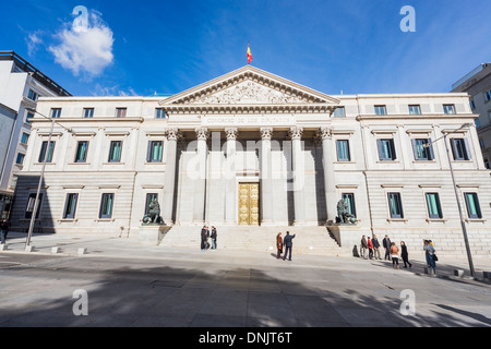 View of pillared entrance to the landmark Congreso de Los Diputados (Congress of Deputies), Plaza de Las Cortes, Madrid, Spain, sunny day, blue sky Stock Photo