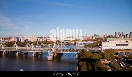 View of Hungerford Bridge, One of the Golden Jubilee Bridges along the South Bank of the River Thames, London, England, UK.