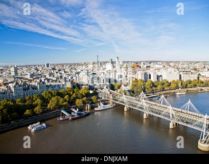 Birdseye view of Hungerford Bridge, one of the Golden Jubilee Bridges on the South Bank, River Thames, London, UK.