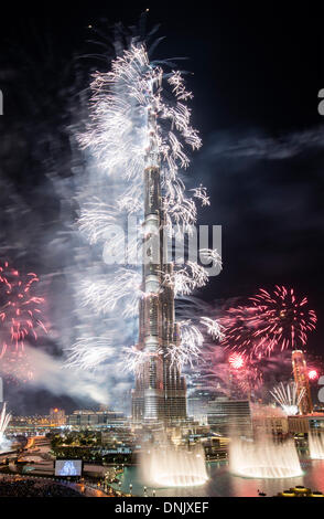 Dubai , United Arab Emirates, January 1 2014; Spectacular fireworks display at Burj Khalifa Tower in Dubai to celebrate New Year Credit:  Iain Masterton/Alamy Live News Stock Photo