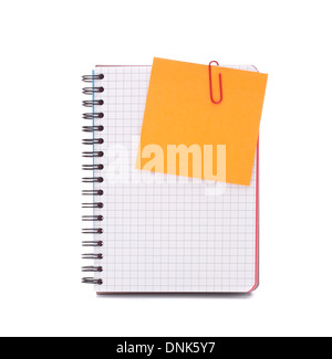 Blank checked notebook with notice paper isolated on white background cutout Stock Photo