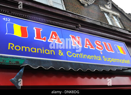 Turnpike Lane, London, UK. 1st January 2014. A Romanian supermarket in North London.  Romanians and Bulgarians can work without restriction across the EU and the UK from today. Credit:  Matthew Chattle/Alamy Live News