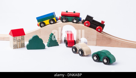 toy traffic with car and train isolated on grey background. horizontal image Stock Photo