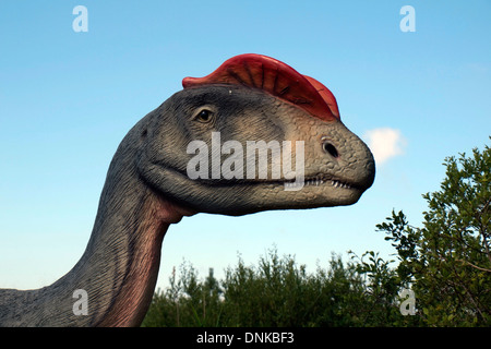 LEBA - JULY 14: Portrait of a dinosaur, made in the Park Dinosaurs in Leba July 14, 2010 in Leba, Poland. Stock Photo