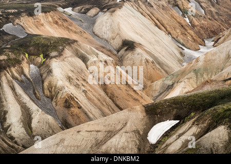 An eroded rhyolite hillside besides the Laugavegur hiking trail in the vicinity of Landmannalaugar, Iceland. Stock Photo