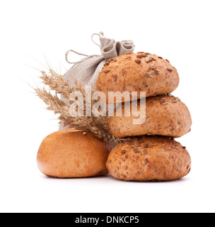 Meal sack, bread rolls and ears bunch still life isolated on white background cutout Stock Photo