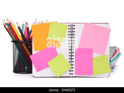 Blank checked notebook with notice papers isolated on white background cutout Stock Photo