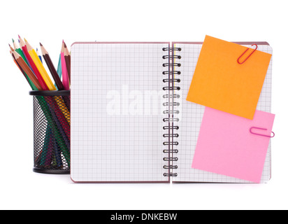 Blank checked notebook with notice papers isolated on white background cutout Stock Photo