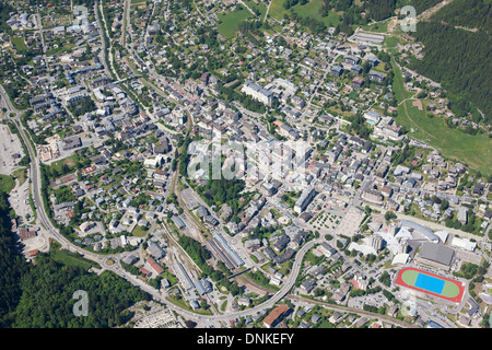 AERIAL VIEW. City of Chamonix, Haute-Savoie, Auvergne-Rhône-Alpes, France. Stock Photo
