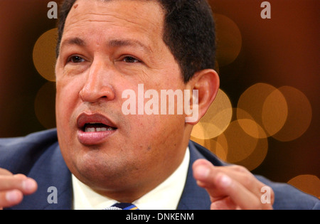 Venezuela's President Hugo Chavez attends a press conference in Caracas, Venezuela, February 2, 2003. Stock Photo