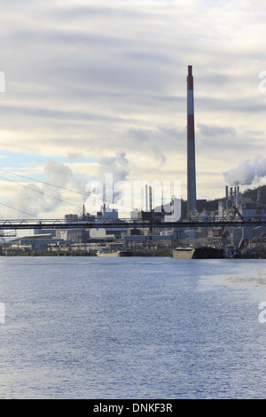 Chemical industries generating pollution at twilight. Some chimneys with smoke. Vertical and nobody Stock Photo