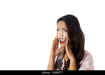 Young businesspeople, job and positive message, portrait of happy Asian business woman screaming news and smiling Stock Photo