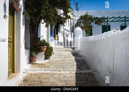 Street scene of the Chora, Amorgos island, the Cyclades, Greece. Chora means the main town of an Island. Stock Photo