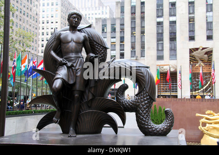 Youth at the Rockefeller Center in New York which is one of the bronze Mankind Figures Stock Photo