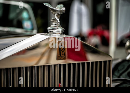 Front grill and classic flying lady spirit of ecstasy muse of a 1951 Rolls Royce Silver Dawn limousine. Stock Photo
