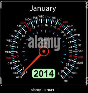 2014 year calendar speedometer car in vector. January. Stock Vector