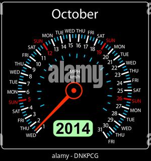 2014 year calendar speedometer car in vector. October. Stock Vector