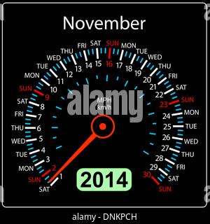 2014 year calendar speedometer car in vector. November. Stock Vector