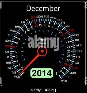 2014 year calendar speedometer car in vector. December. Stock Vector
