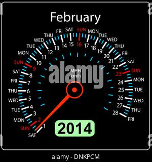 2014 year calendar speedometer car in vector. February. Stock Vector