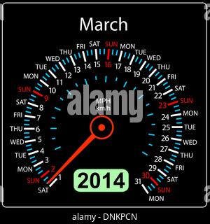 2014 year calendar speedometer car in vector. March. Stock Vector