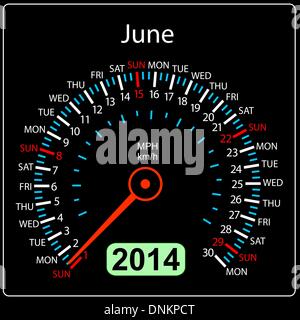 2014 year calendar speedometer car in vector. June. Stock Vector
