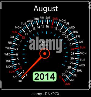 2014 year calendar speedometer car in vector. August. Stock Vector