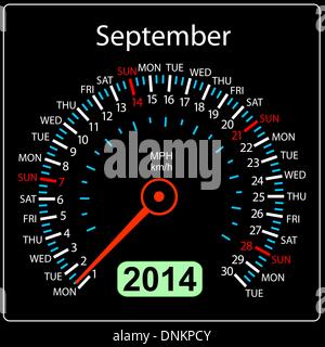 2014 year calendar speedometer car in vector. September. Stock Vector