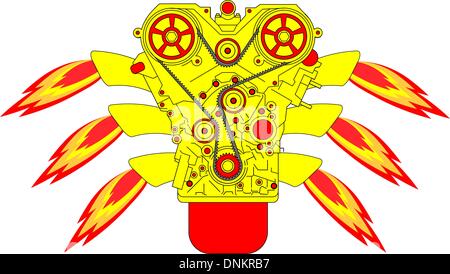 Internal combustion engine, with fire from the exhaust pipe. Vector illustration. Stock Vector