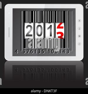 White tablet PC computer with 2013 New Year counter, barcode isolated on black background. Vector  illustration. Stock Vector