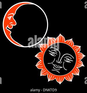 Vector illustration of Moon and Sun with faces Stock Vector