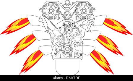 Internal combustion engine, with fire from the exhaust pipe. Vector illustration. Stock Vector