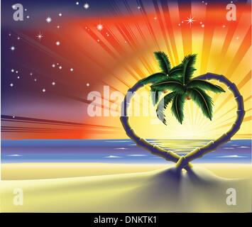 Illustration of a romantic beach scene with heart shaped palm trees at sunset Stock Vector