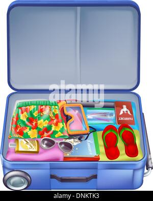 Illustration of a full holiday vacation suitcase with all the essentials like summer clothing, sunglasses, sun cream, books and  Stock Vector