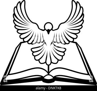 A Christian Bible dove concept, with a white dove representing the holy spirit flying out of the bible. Could refer to inerrant Stock Vector