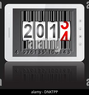 White tablet PC computer with 2014 New Year counter, barcode isolated on black background. Vector  illustration. Stock Vector