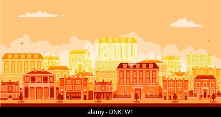 An urban tree lined avenue with smart townhouses in oranges, yellows and reds Stock Vector