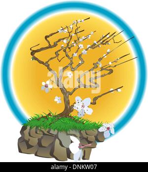 An oriental style blossom tree on a wind swept cliff top with blossom flowers bowing about Stock Vector