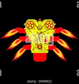 Internal combustion engine, with fire from the exhaust pipe. Vector illustration. Stock Vector