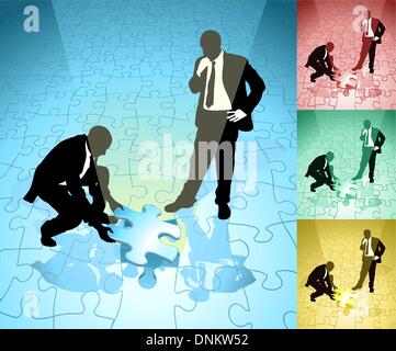 Two business people solving a jigsaw puzzle in partnership, main image on separate layers for easy editing. Also includes severa Stock Vector