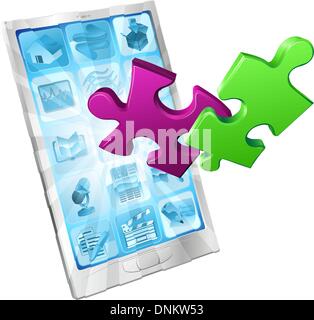 Jigsaw puzzle pieces flying out of a stylish mobile phone. Phone application concept. Stock Vector