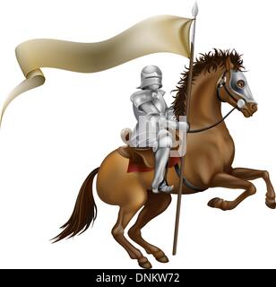 A knight with spear and banner mounted on a powerful horse Stock Vector