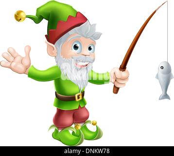 Illustration of a cute happy waving garden gnome elf character or mascot with a fishing rod Stock Vector