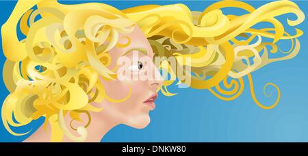 a beautiful woman with curly blonde hair blowing in the wind. Stock Vector
