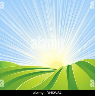 Illustration of idyllic green fields with sunshine rays and blue sky. A perfect landscape scene. Stock Vector