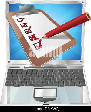 An illustration of a clipboard with pencil marking on it  coming out of laptop screen. Perhaps an online survey, opinion poll, o Stock Vector